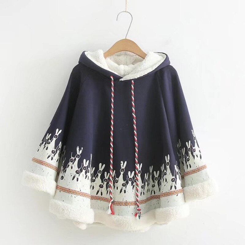 Sixsr Lolita Cloak Harajuku Hoody Cloak Japanese Angry Cat Christmas Deer Fleece Cape Loose Pullover Batwing Sleeve Hoodie Coat