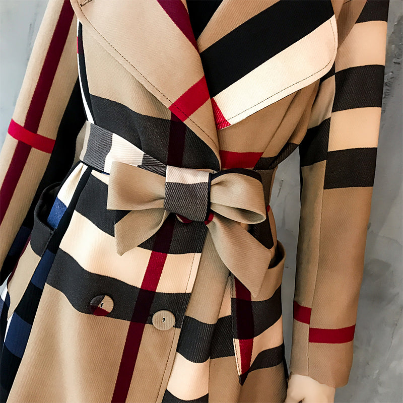 Sixsr  Thickened autumn and winter new women's lapels in the long simple color matching retro plaid coat temperament windbreaker