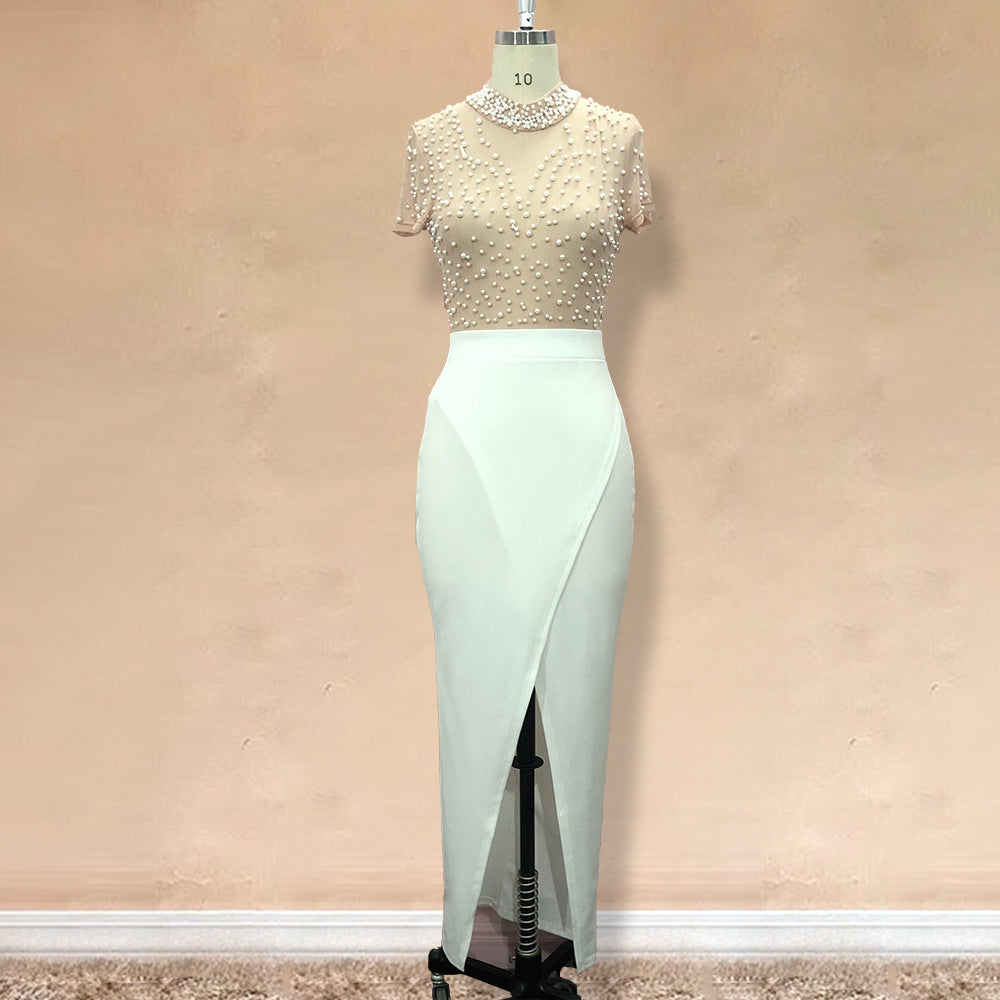 Sixsr Women Sexy Dress Transparent Tulle with Bead Tops Patchwork Slit Party Dresses Short Sleeves Female Summer Night Date Out
