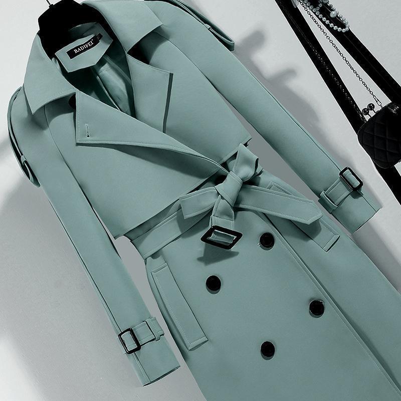 Sixsr Women Trench Coat Solid Double Breasted Trench Autumn Winter Elegant Vintage Turn-down Collar Warm Windproof Trench with Belt