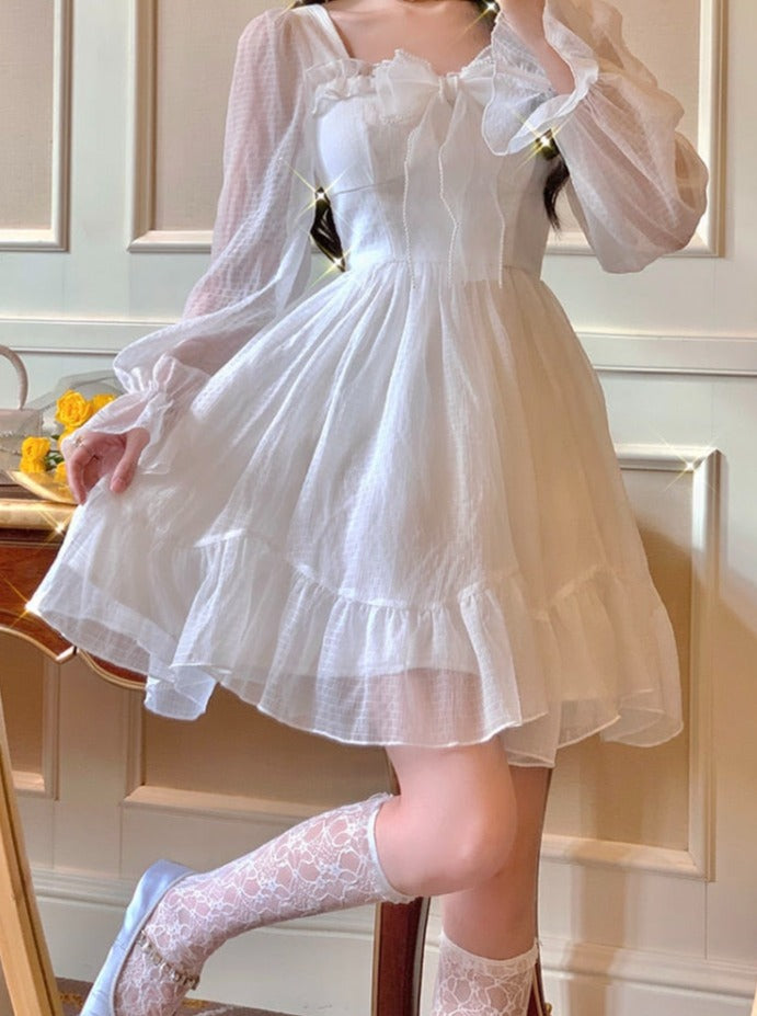 French Sweet Fairy Lolita Dress Women Long Sleeve Lace Y2k Mini Dress Vintage Kawaii Clothes One Piece Dress Korean Autumn
