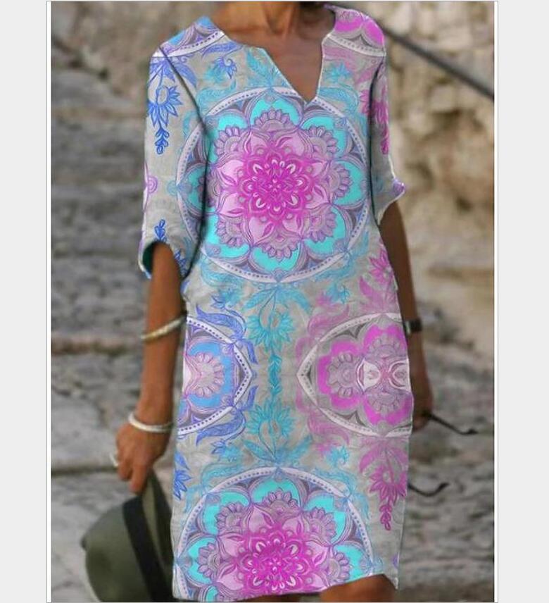 Sixsr New Women Printing Dress Summer V-Neck Half Sleeve A-Line Dresses Female Retro litera Vintage Loose Dress Vestidos