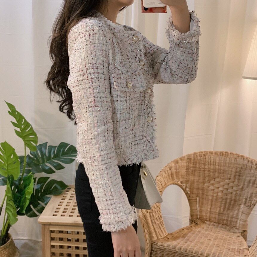 sixsr  Trends New Autumn Women Single-Breasted Tweed Jacket High Quality Female Elegant Korean Chic Short Coat