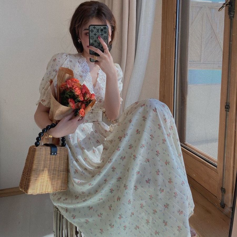 Sixsr Vintage Floral Dress Women Elegant Lace Chiffon Korean Party Dress Puff Sleeve V Neck Midi Dress Fall Dresses for Women