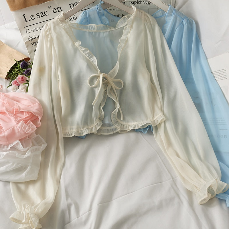 Sixsr Fashion Women Thin Coat Casual Lace Bow Summer Sun Protection Clothes Female Cardigan Shirt Clothing Tops Blouse For Woman Covers Blusa