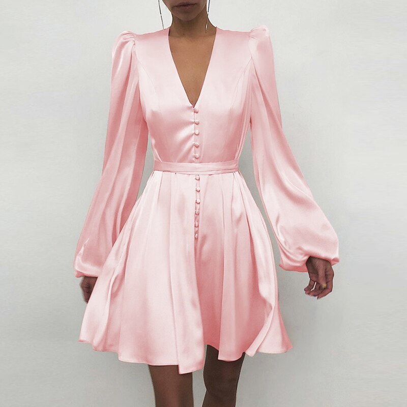 Sixsr High Quality New Women Elegant Solid Ruffle Dress Sexy Lantern Sleeve Satin Slim A-line Dress Spring Autumn V-neck Party Dresses Vestido