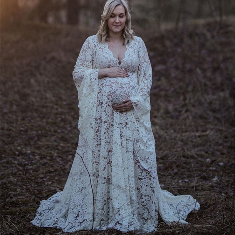 sixsr Boho Style Lace Maternity Dress For Photography Maternity Photography Outfit Maxi Gown Pregnancy Women Lace Long Dress