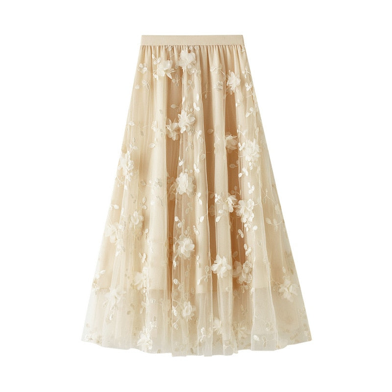 sixsr Luxury Woman Skirts Korean style Fashion Elastic Waist Appliques Embroidery Floral Mesh Skirt Long Gauze Ball Gown Skirt