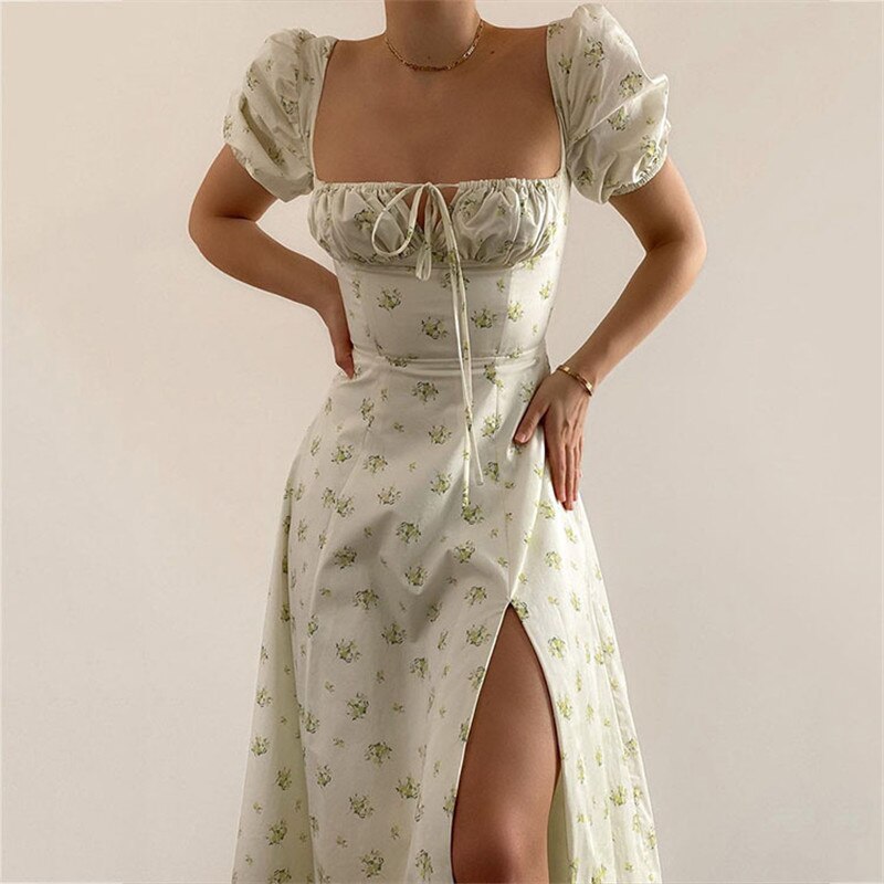 Sixsr womens fashion Vintage Square Collar Printed Dress Women Sweet Puff Sleeve Slim Long Casual Split Spring Summer Floral Dress Ladies New