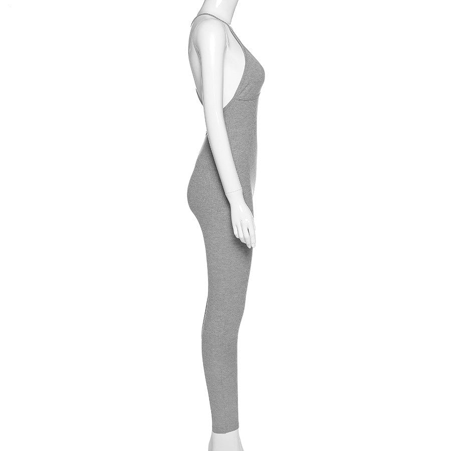 Sixsr v-neck skinny sexy jumpsuit women summer hollow out partywear halter sleeveless streetwear outfit fitness backless