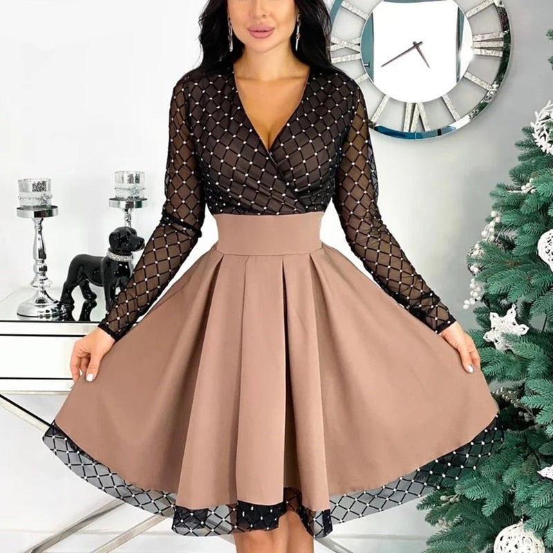 Sixsr Spring Outfits Fashion Shiny Sequin Diamond Mesh Stitching Dress Women Spring Autumn Sheer Long Sleeve Belted Slim A Line Dresses