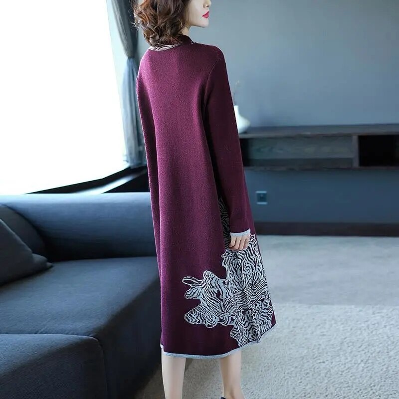 sixsr Trends high quality New Year Women's Autumn/Winter Long Sleeve Knitted Wool Dress Loose High Collar Knee-Length Dress Slim Casual Dress Party Dress
