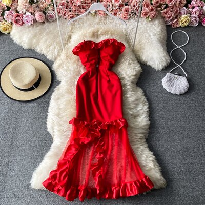 Sixsr Trends  high quality Women Spaghetti Strap Sexy Dress Strapless Bodycon Slim Red Dinner Party Dresses Mesh Patchwork Female Summer Long Dress