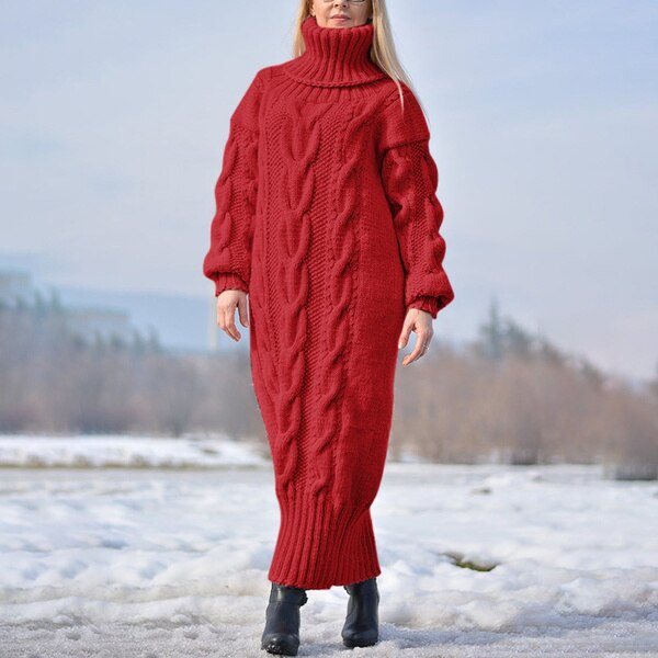 Sixsr Sweater Dress Women Long Sleeve High Neck Knitted Pullover Dress Soft Warm Solid Color Oversize Bodycon Jumper Female Dress