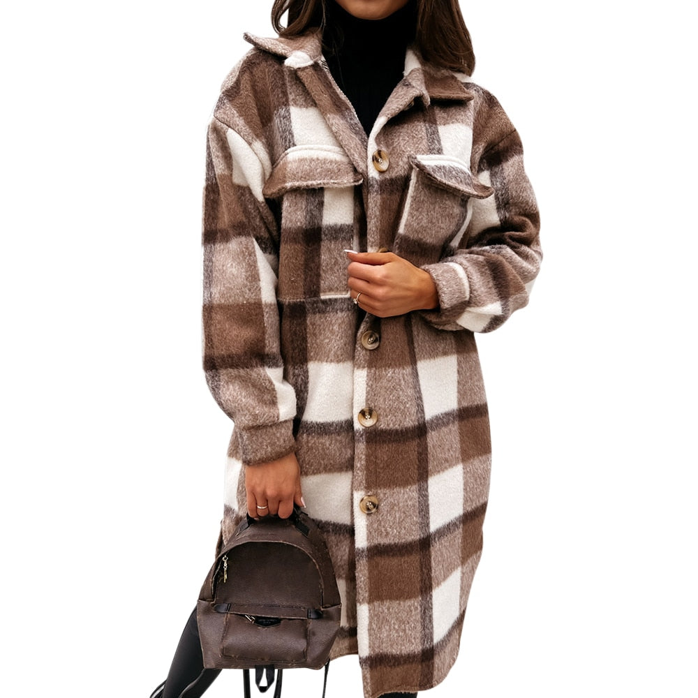 Lapel Single-breasted Double-pocket Plaid Coat