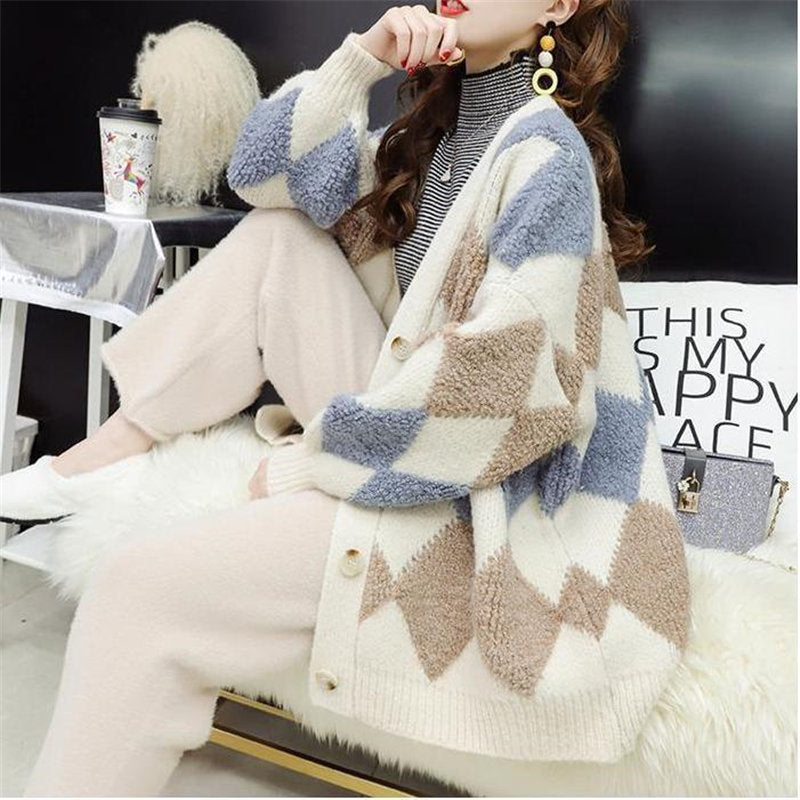 Sixsr Womens Fashion Spring Winter Women's Plaid Plus Velvet Warm Knitted Sweaters Cardigans Long Sleeve Checkered Coat Oversize Sweater Jackets