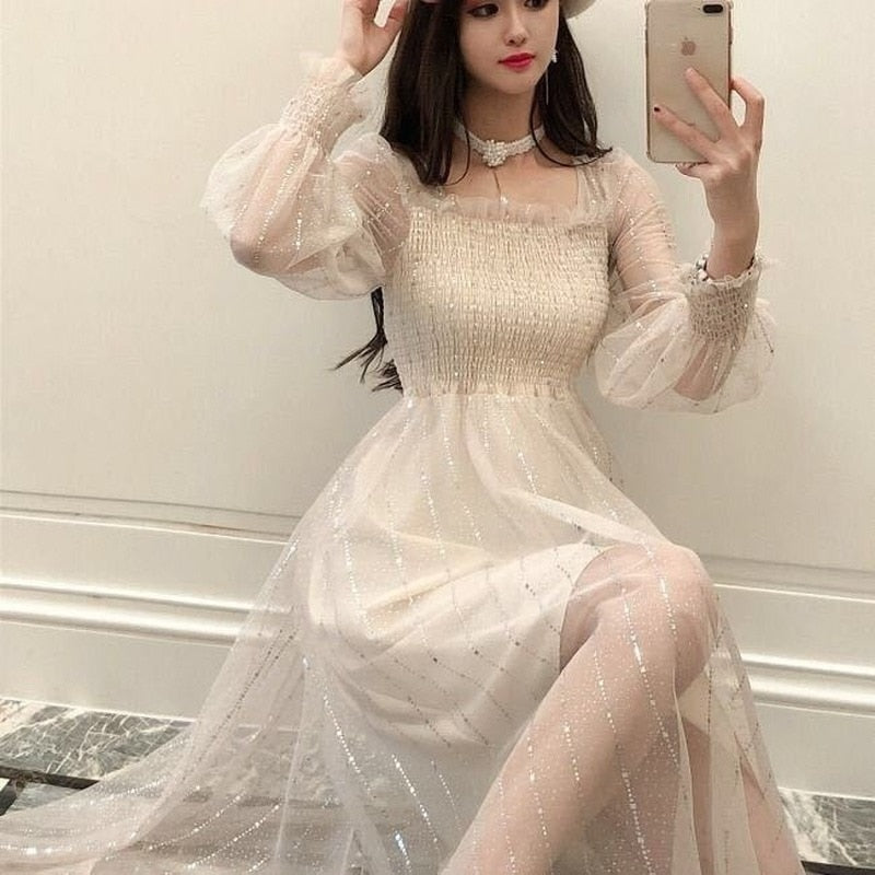 sixsr Long Fairy Dress Elegant Sequins Women Long Sleeve Maxi Dresses Summer One-piece Designer Korean Lady Wedding Party Clothing New