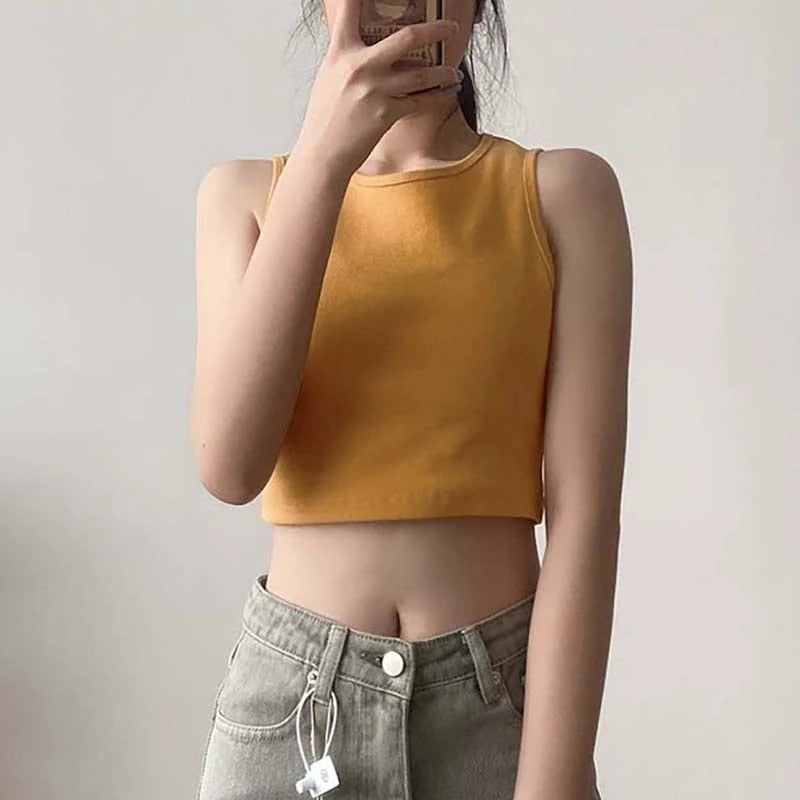 Sixsr Summer new ladies retro crop top high waist slimming stretch slim short sleeveless bottoming top