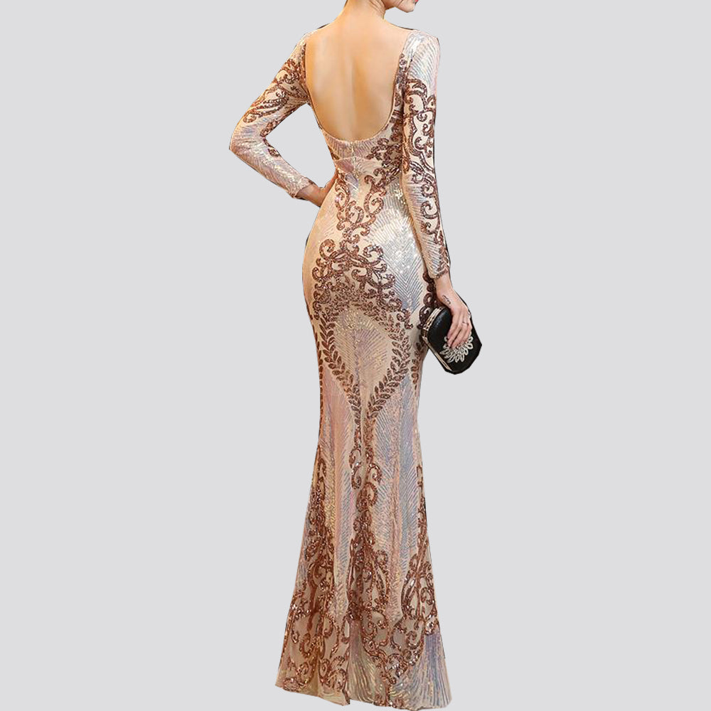 sixsr Hot Sale O-neck Long-Sleeve Shinning Sequins Evening Dresses Sexy Backless Mermaid Party Gowns Maxi Elegant Multi Female Robes vestidos