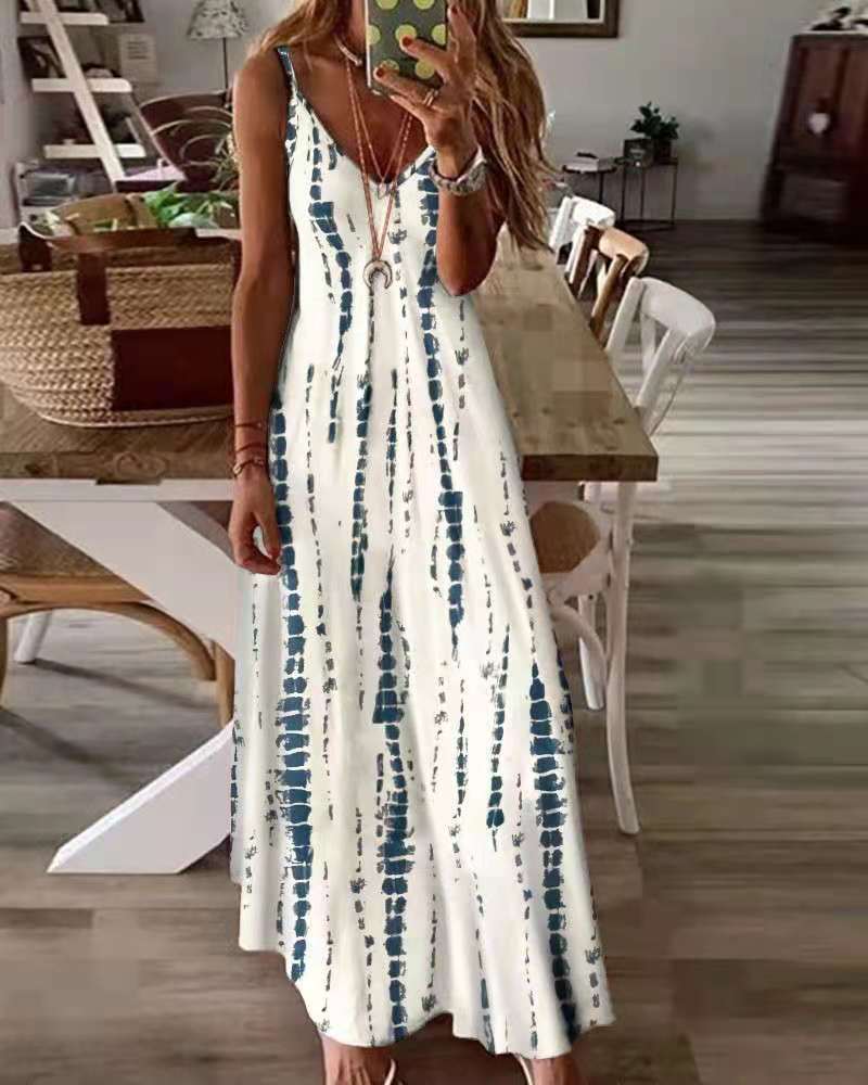 Sixsr Selling New High Street Tie Dye Dress Sexy Spaghetti Strap V Neck Long Dresses Women Summer Beach Dresses Party Tunic Plus Size 5XL
