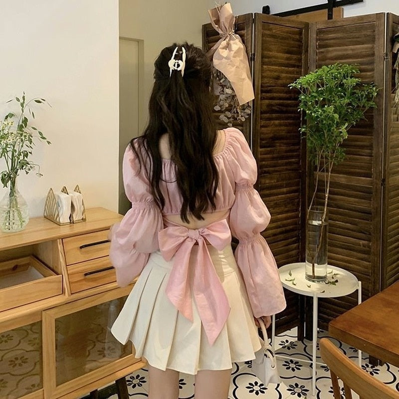 Sixsr Women Spring Fashion Back Puff Sleeve Shirts Women Autumn French Bow Bandage Blouses New Black Pink Square Neck Cropped Tops Female