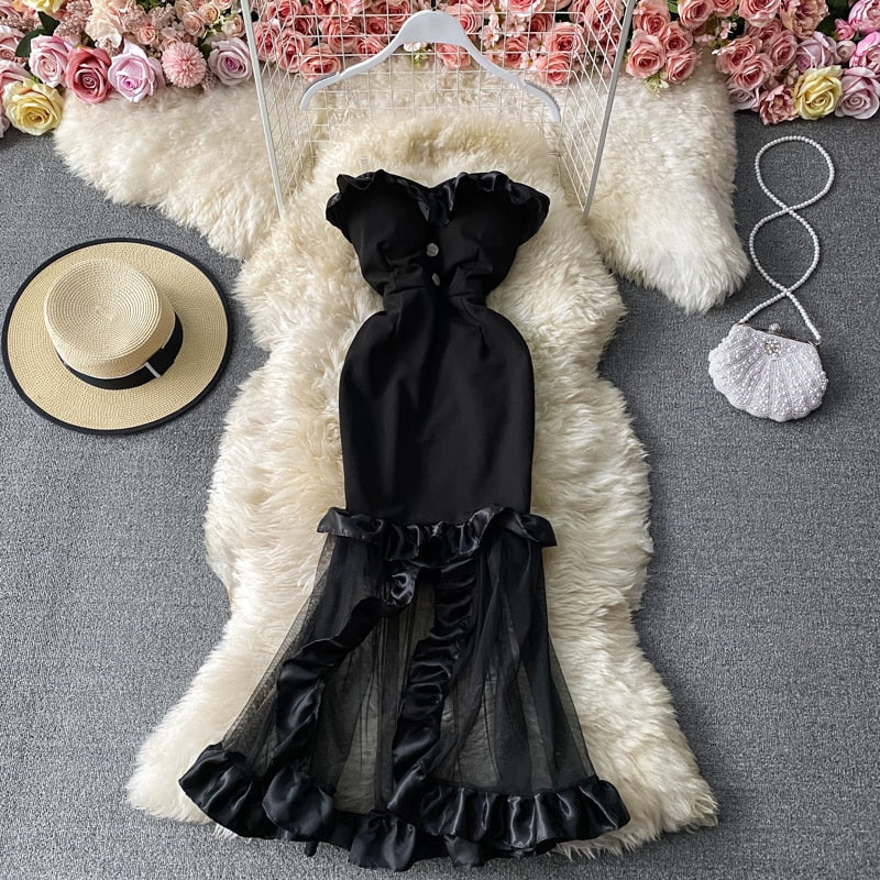 Sixsr Trends  high quality Women Spaghetti Strap Sexy Dress Strapless Bodycon Slim Red Dinner Party Dresses Mesh Patchwork Female Summer Long Dress