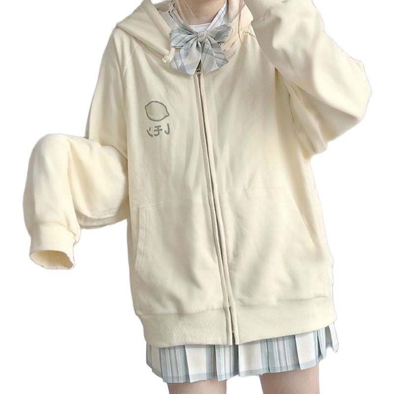 Sixsr Harajuku Sweet Fruit Print Women Hoodie Pocket Spring Loose Thin Zipper Sweatshirt Girl Cute Pink Plus Size Clothes Among Us