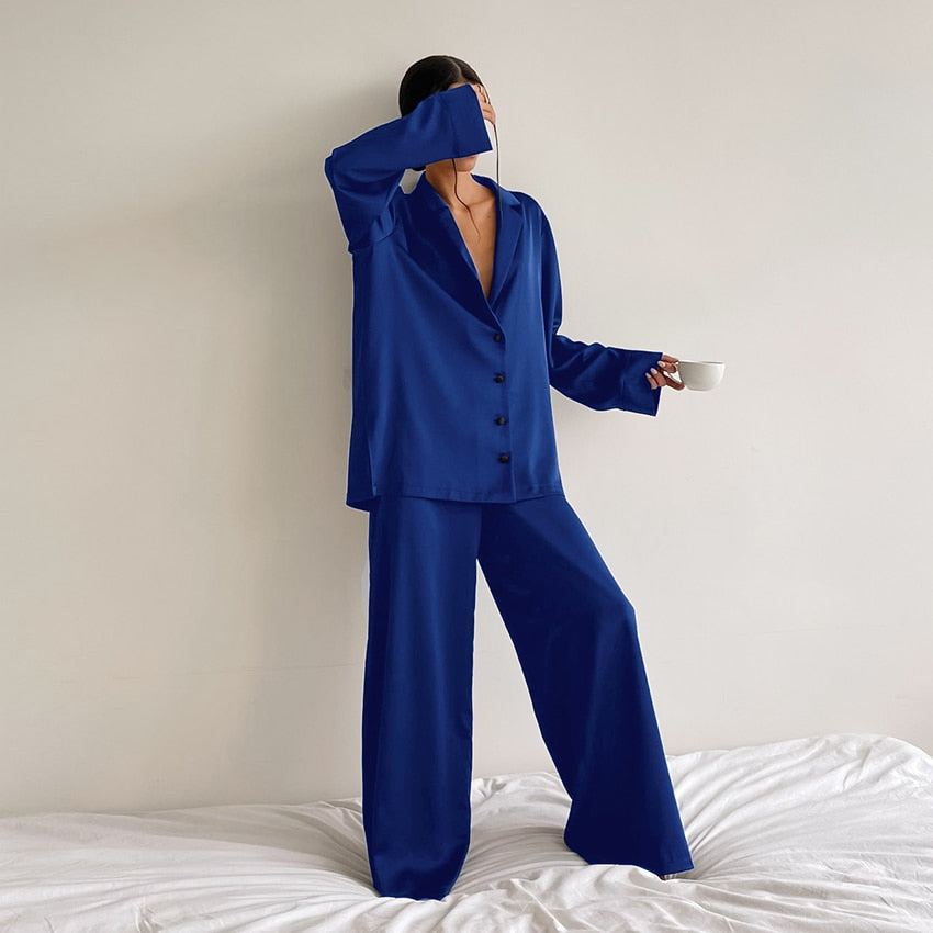 Sixsr Oversized Satin Silk Sleepwear Low Cut Sexy Pajamas For Women Single-Breasted Long Sleeves Wide Leg Pants Trouser Suits