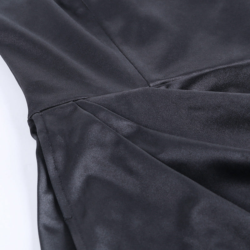 Sixsr Summer Dresses For Women  Sexy Black Satin Spaghetti Straps Low Cut Long Dress Women Summer Ruched Side High Split Maxi Dress Elegant Party Club