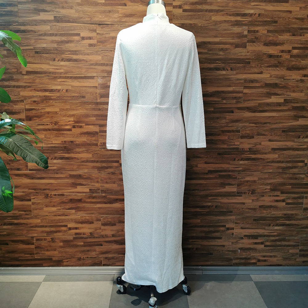 sixsr Elegant Evening White Dress Long For Women Party Club Sexy Hollow Turtleneck Autumn Plus Size Bodycon Maxi Dresses Wedding