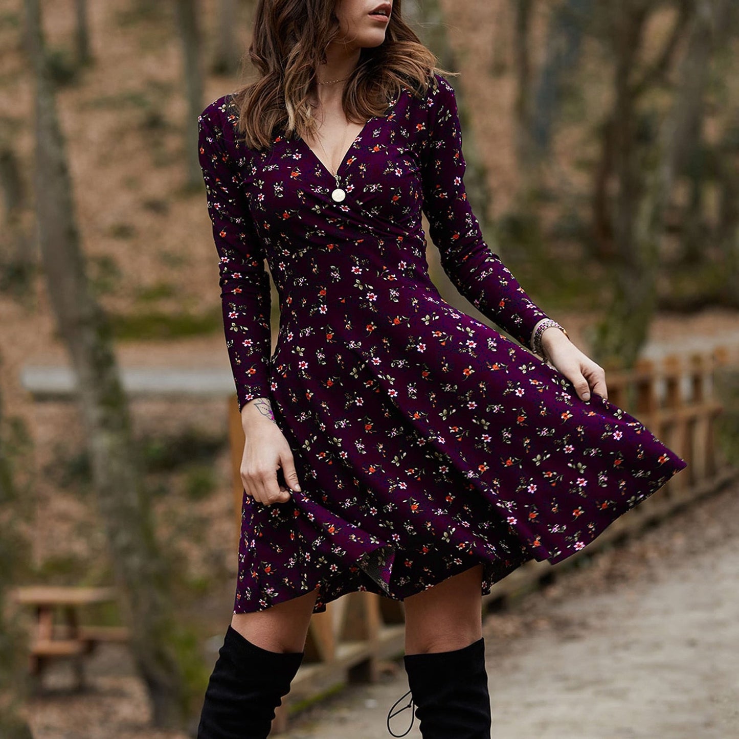 Sixsr Spring Summer Long Sleeve V Neck Flowers Print Boho Dress Women Elegant Vintage Floral Printed Casual Green A-line Swing Dress