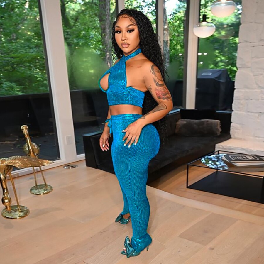 sixsr Sexy Bright Women 2-Piece Suits Criss Cross Halter Camisole Tops+Skinny Split Pants Sportswear Female Night Clubwear