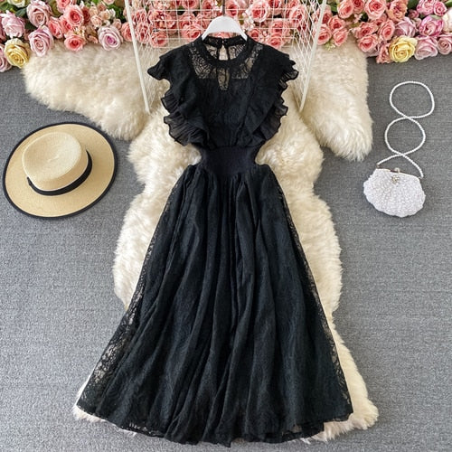 Sixsr Vintage Purple/Green/Red Lace Midi Dress Women Sweet Round Neck Ruffle Vestidos Female High Waist Slim Robe Spring Autumn