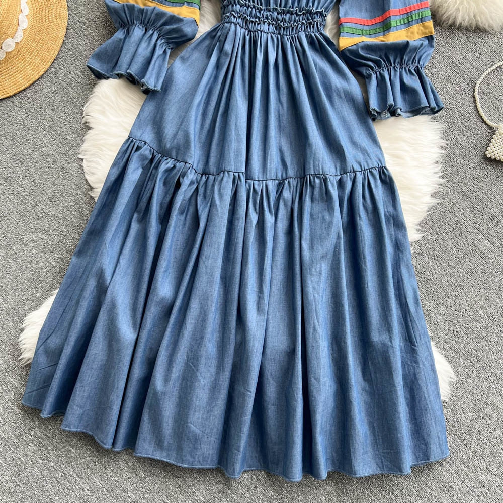 Quality Embroidered Denim Dress Summer Autumn National Korean Pleated A Line Long Sleeve Cowboy Dress Women Jeans Dress