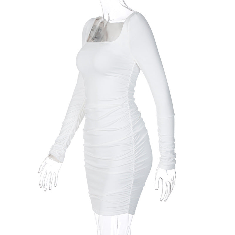 sixsr Hot Sale White Long Sleeve Dress For Women Black Vestido de Mujer Robe Femme Autumn Spring Ruched Elegantes Bodycon Dresses