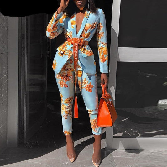 Sixsr Women Chic Elegant All over Print Long Sleeve Sashes Ankle-Length Pants Spring Working Blazer Sets