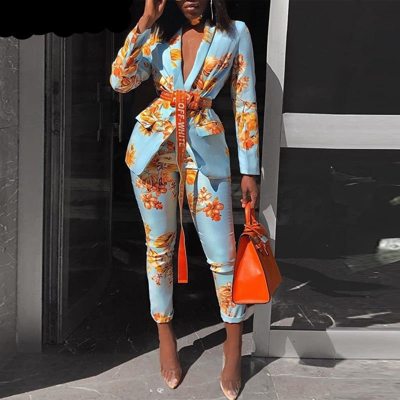 Sixsr Women Chic Elegant All over Print Long Sleeve Sashes Ankle-Length Pants Spring Working Blazer Sets