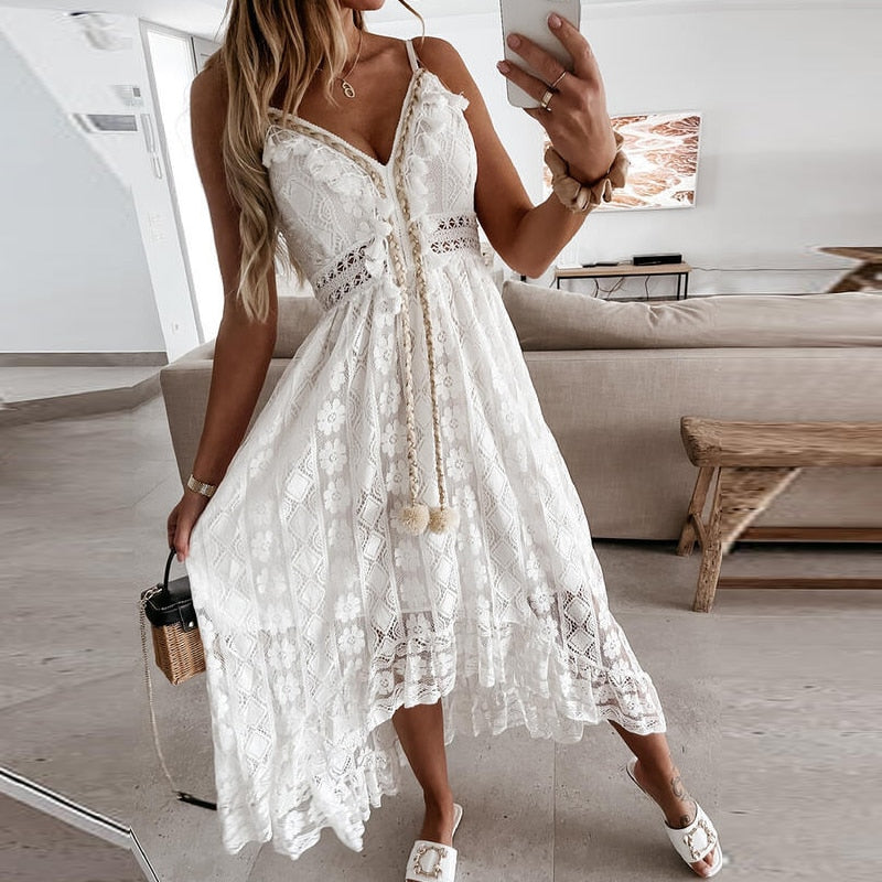 Sixsr Women Sexy V Neck Tassel Long Dress Summer Sleeveless Off Shoulder Party Dress Elegant Hollow Out Crochet Lace Beach Dress