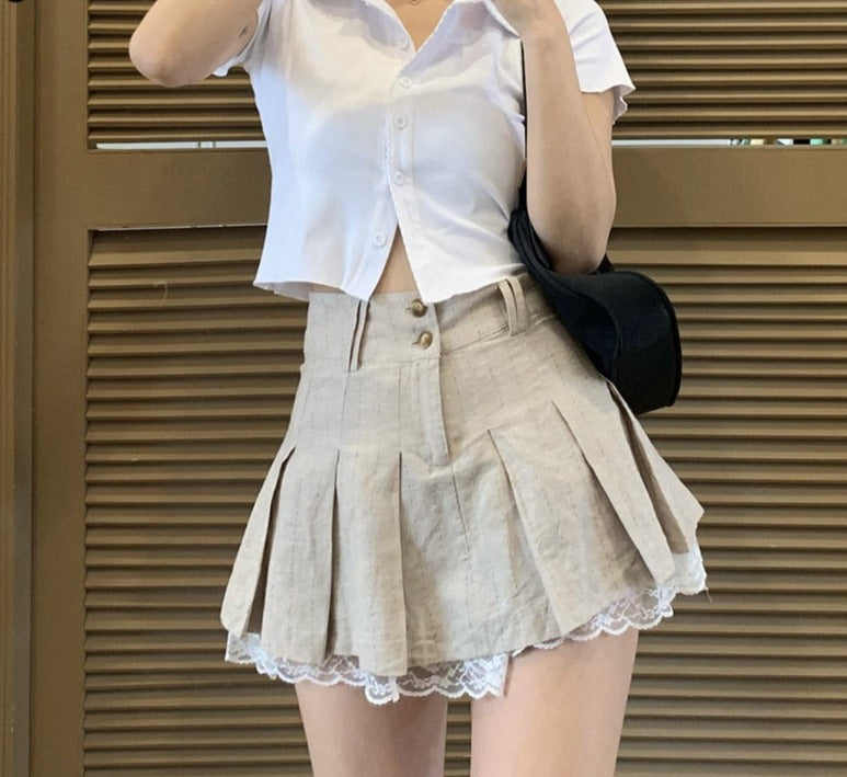 Sixsr Sweetown Korean Fashion Khaki Short Skirt Lace Trim Cute Pleated Skirts Womens Preppy Style Button Up High Waist Summer Skirt