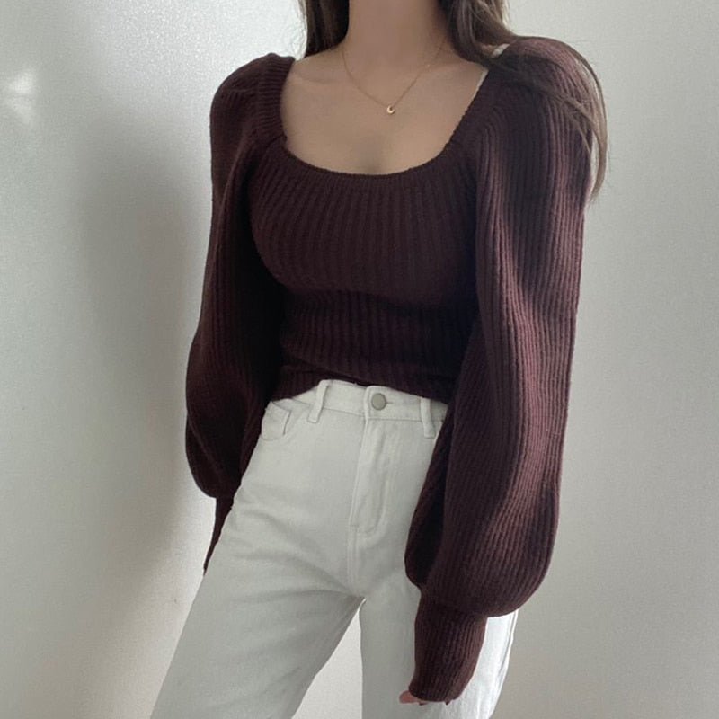 Knitted Women's Sweater Vintage Pullover Long Puff Sleeve Pink Square Neck Top Korean Fashion Style Autumn Winter Clothing