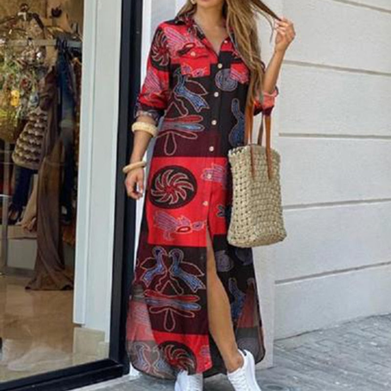 Sixsr Fashion Women Long Sleeve Shirt Dress Autumn Printed OL Long Dresses Laides Turn-down Collar Loose Sundress Party Dresses