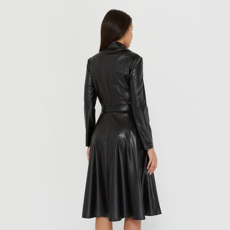 Sixsr Winter Casual Sashes Pu Leather A-Line Dresses Women Turn-down Collar Long Sleeve Solid Color Knee Dress Office Lady Wear