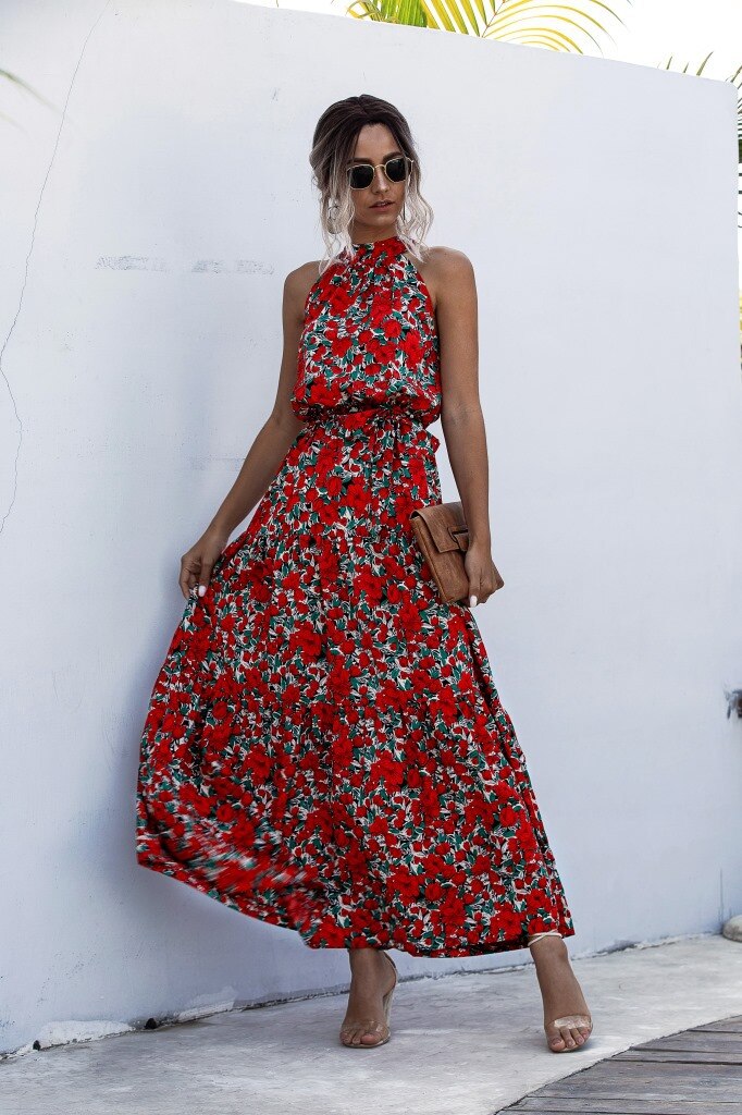Sixsr Summer Elegant beach Women Dress long Print Flowers Polka-dot strap Ladies Halter boho Dress Vintage party ladies Dress