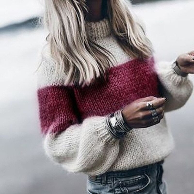 Sixsr Women Loose Knitted Sweater Autumn Winter O Neck Striped Fuzzy Fluffy Sweater Pullovers Vintage Long Sleeve Patchwork Sweater