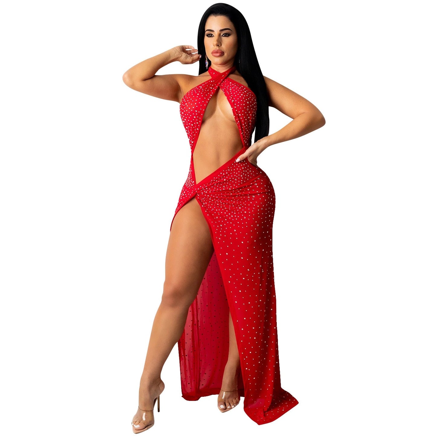 Sixsr Sheer Mesh Diamonds Sequined Pearls High Split Long Dress For Women Straps Bodycon Long Vestidos Night Party Rhinestone Outfits