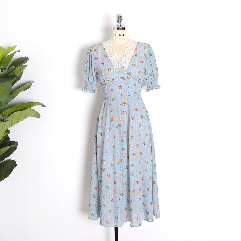 Sixsr Vintage Floral Dress Women Elegant Lace Chiffon Korean Party Dress Puff Sleeve V Neck Midi Dress Fall Dresses for Women