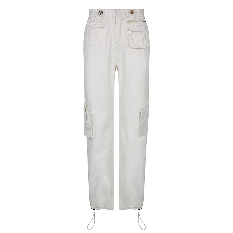 Sixsr Women Spring Fashion Multi Pockets White Cargo Pants Women Adjustable Low Waist Baggy Wide Leg Jeans Oversized Casual Trousers Retro Bottoms Iamhotty