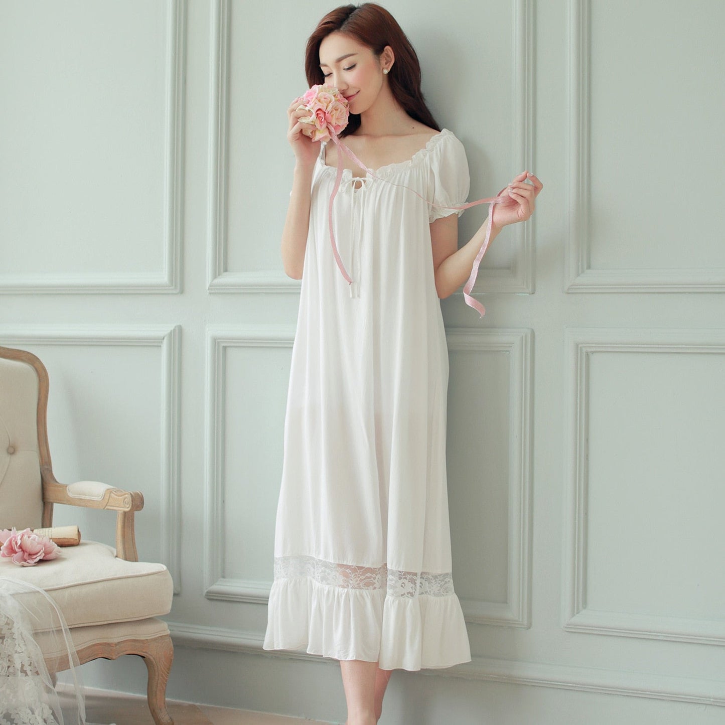 Sixsr Fashion Trends Summer Women Nightgowns White Cotton Short Sleeve Nightdress Vintage Long Sleepwear Lace Sexy Nightwear Home Night Dress