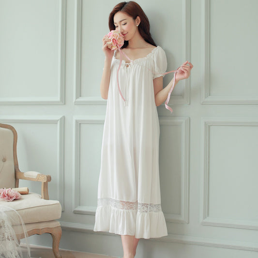 Sixsr  Fashion Trends Summer Women Nightgowns White Cotton Short Sleeve Nightdress Vintage Long Sleepwear Lace Sexy Nightwear Home Night Dress