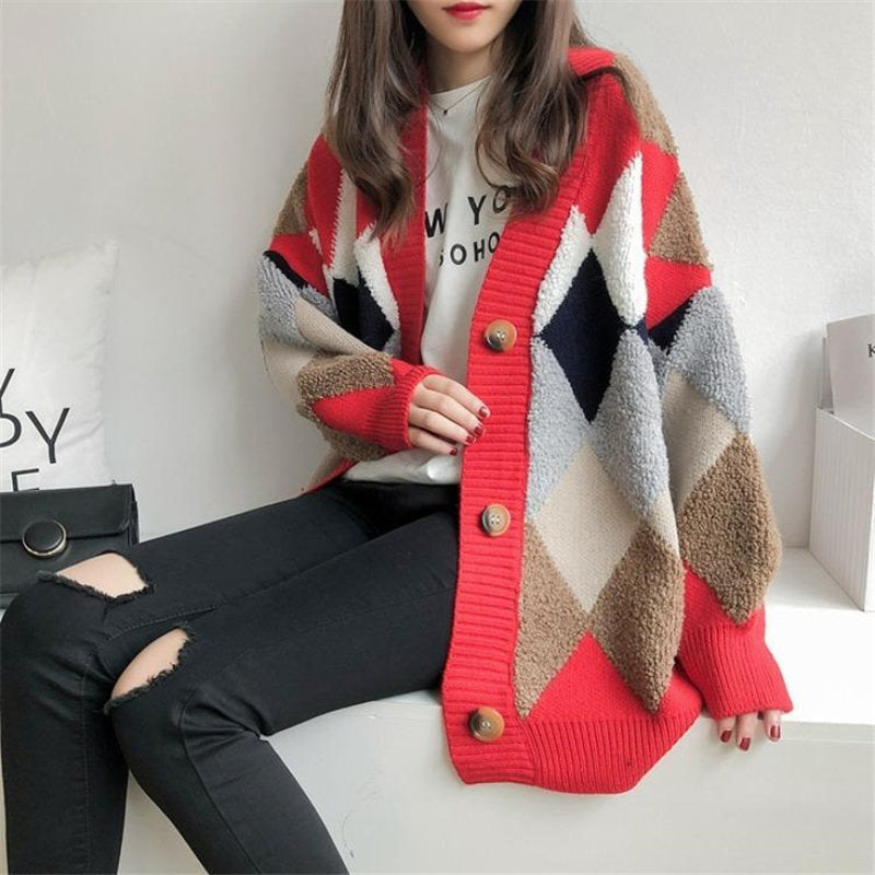 Sixsr Womens Fashion Spring Winter Women's Plaid Plus Velvet Warm Knitted Sweaters Cardigans Long Sleeve Checkered Coat Oversize Sweater Jackets